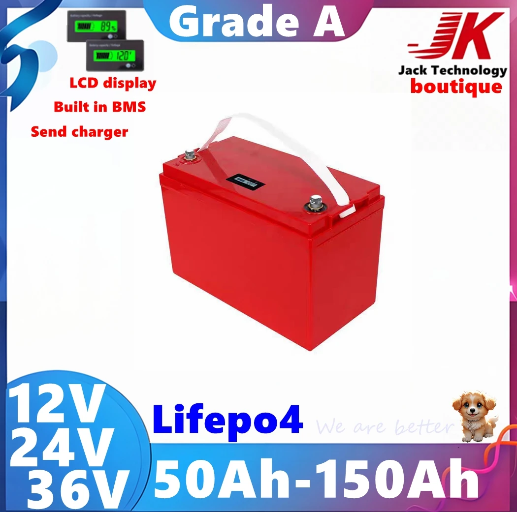 JK 12V 24V 36V 50Ah 60Ah 100Ah 120Ah130Ah 150Ah Lifepo4 Battery For Inverter EV,starter Solar System RV Electric Car+10A Charger