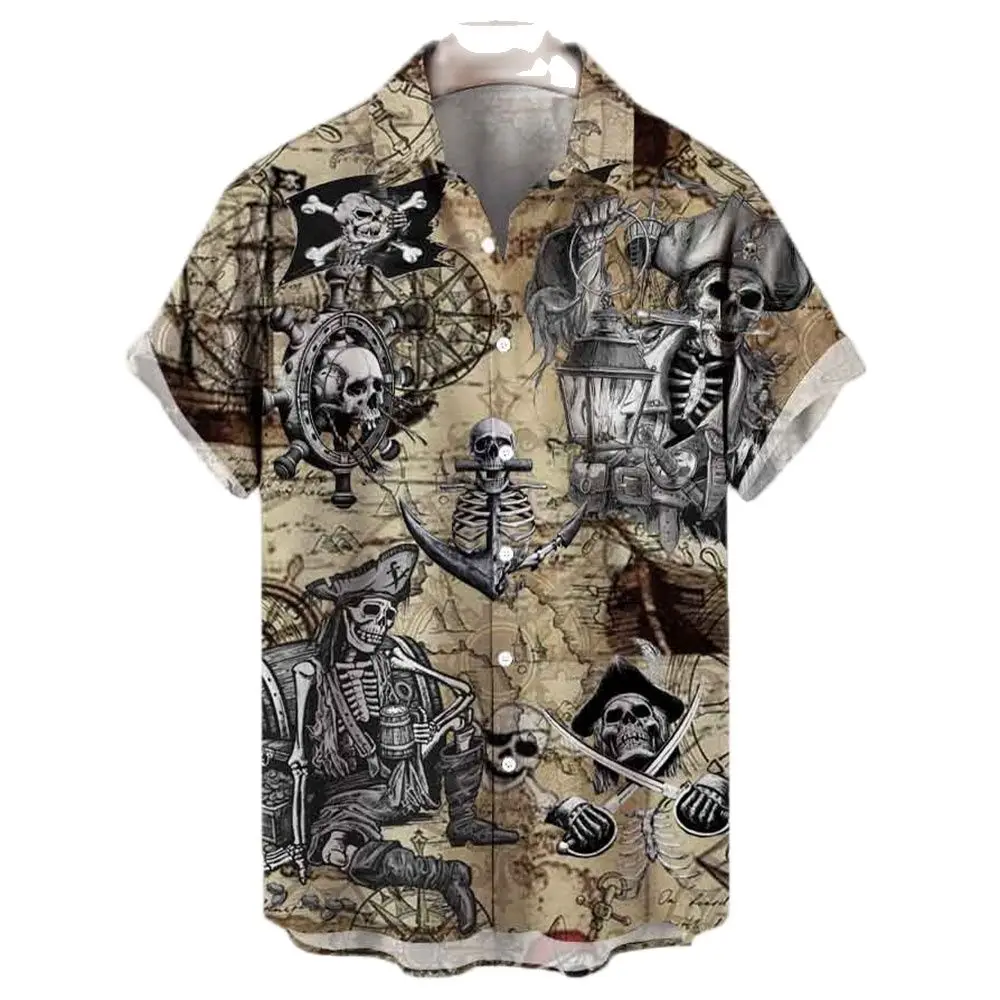 Men\'s Shirt Sailing Skull Print Shirts Hawaiian Fashion Casual Rock Print Plus Size Tops 2023 New Beach Men\'s Clothing Shirt