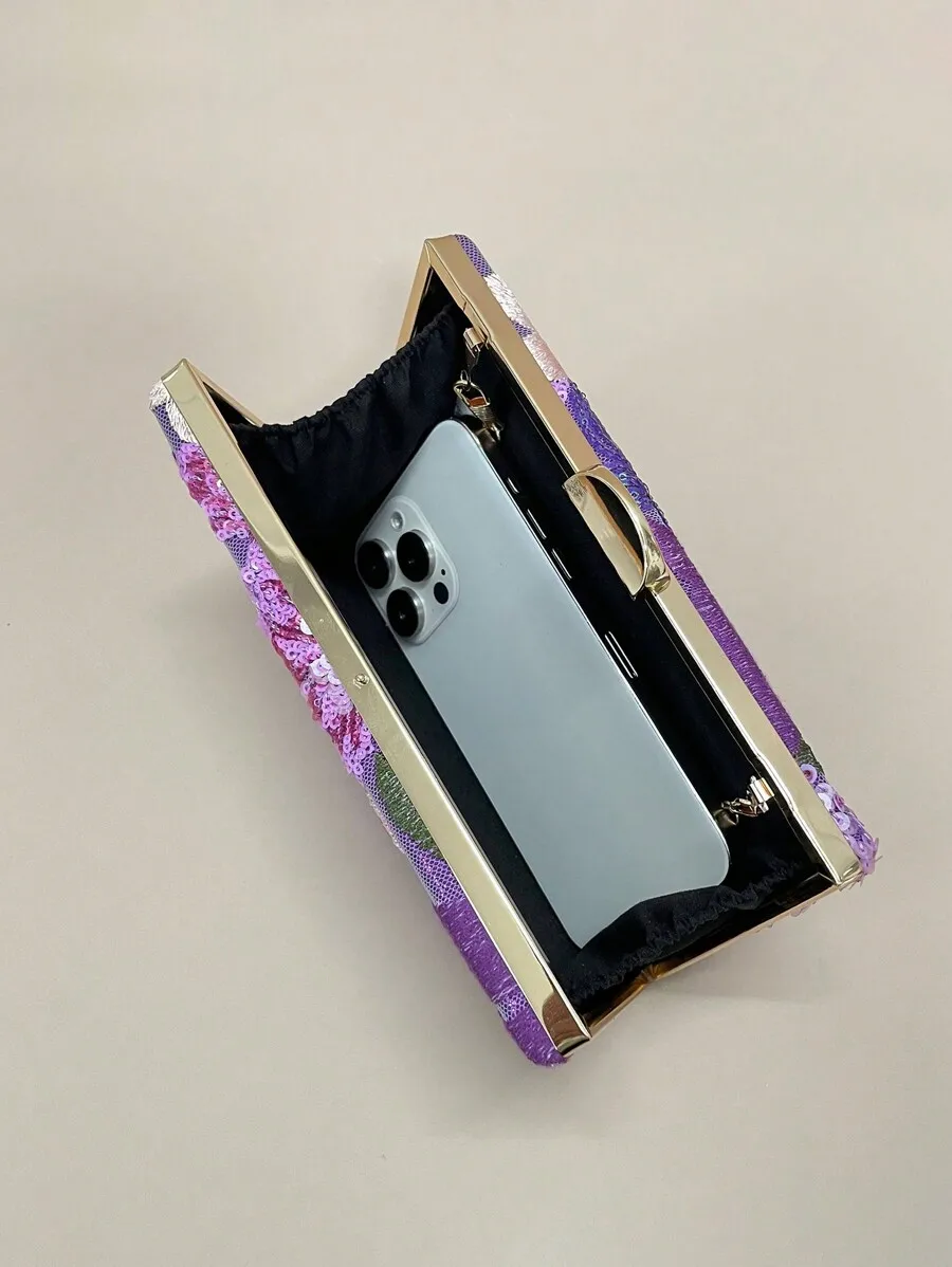 Mini Purple Sequin Clutch Box Bag For Women Party Wedding Prom Evening