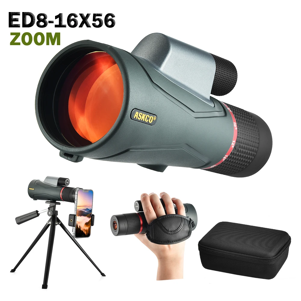 Zoom 8-16x56 High Power ED Monocular for Adults Waterproof Telescope with Leather Case Metal Body FMC Coated BAK4 for Hunting