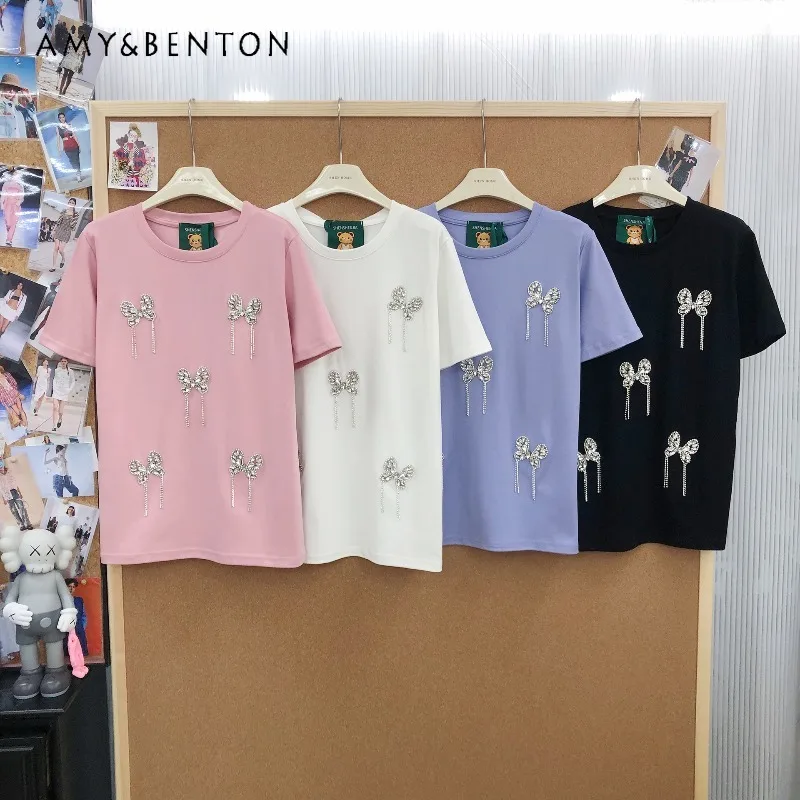 

Новая дизайнерская футболка с бабочками и стразами, элегантная, универсальная, разноцветная, из чистого хлопка, с короткими рукавами