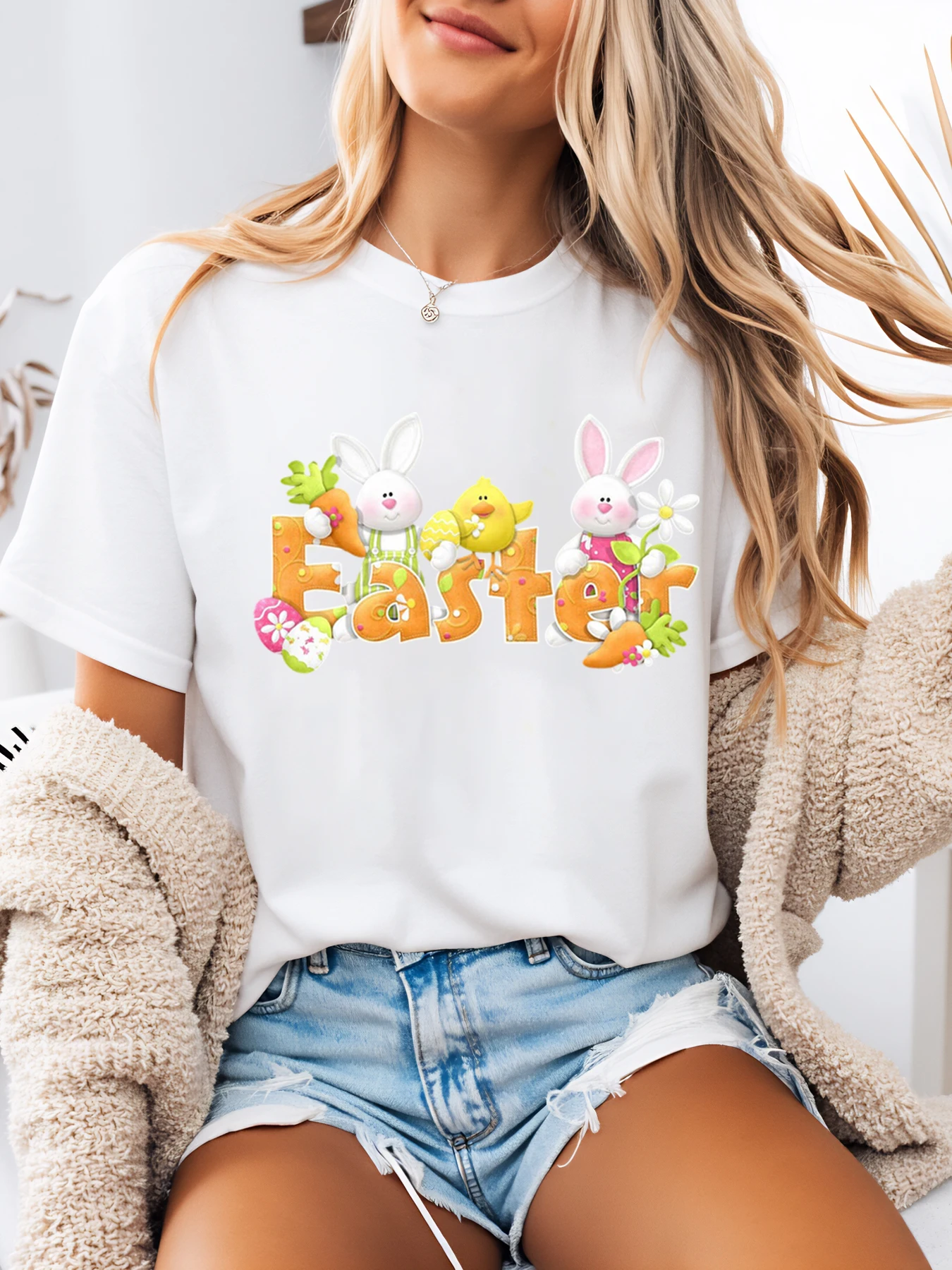 Easter Bunny Chick and Eggs Print Easter t Shirt Women Casual Spring Festival White Plus-Size