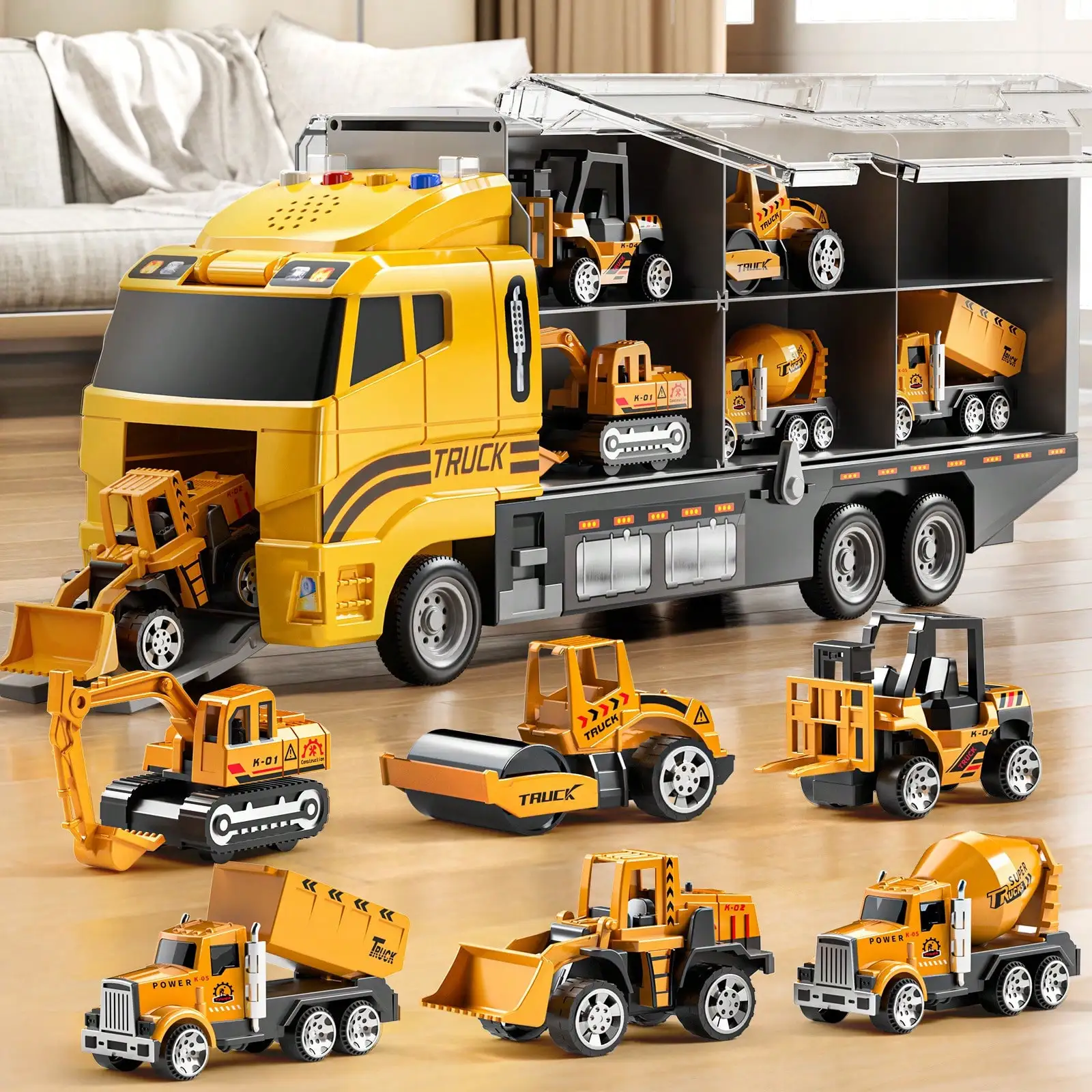 

Die-Cast Construction Car Carrier Toy Set with Play Mat, Alloy Metal Truck Vehicle Toys for Toddlers Kids Boys Girls Ages 3-9