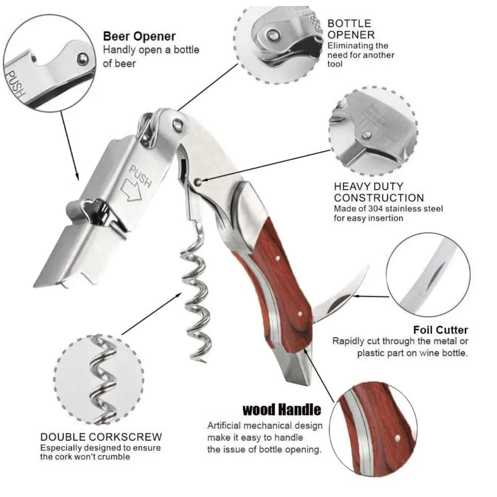 다기능 와인 맥주 병따개 전문 웨이터 코르크 따개 인체 공학적 나무 그립 휴대용 나사 코르크 따개 주방 바