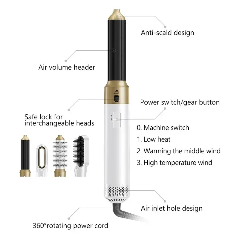 New Professional 6 In 1 Hair Dryer High-Speed Curling lron Hot Air Comb Set Airwrap Hair Straightener Styling Tools Negative Ion