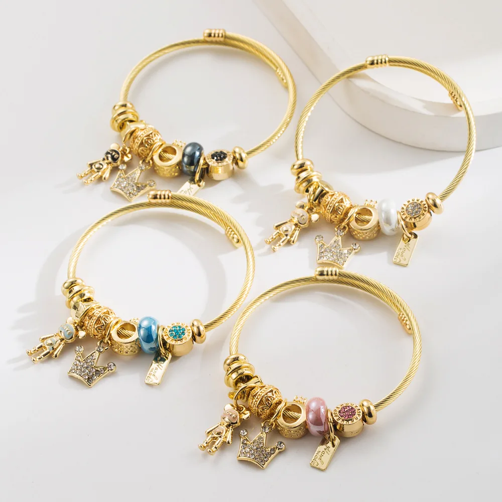 New Fashion Gold Minimalist Versatile Stainless Steel Women's Bracelet, Crown Bear Letter Pendant, Adjustable Couple Bangle