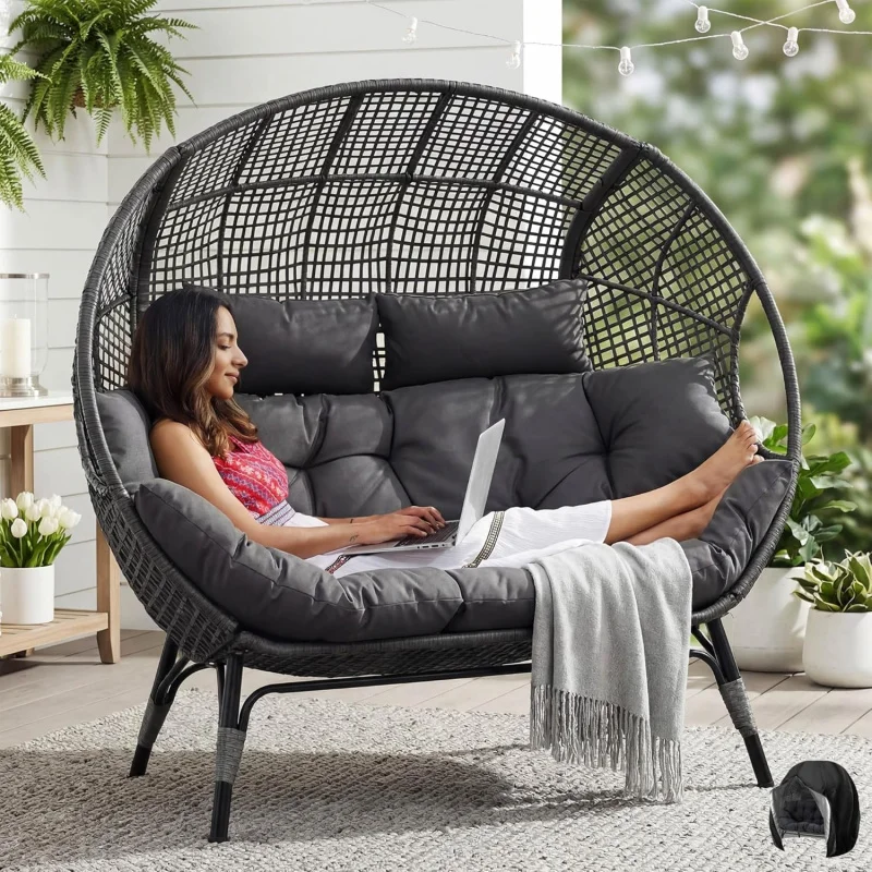 

2-Person Wicker Double Chair, Oversized Stationary Indoor Outdoor Loveseat with 6.5 Thick Padded Cushions, Wide Gray