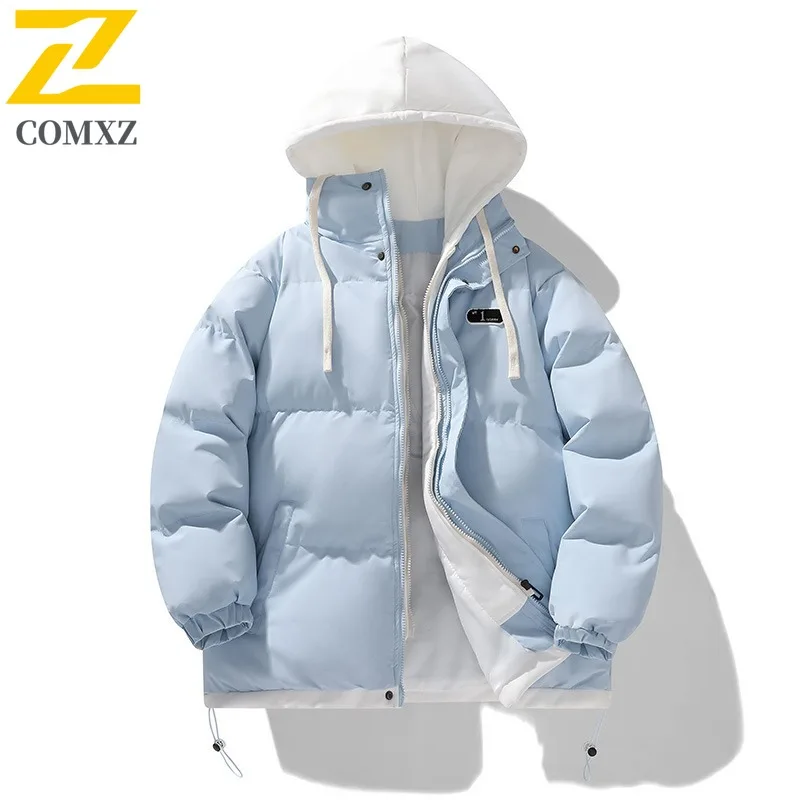 COMXZ 2025 Mens Winter Hooded Puffer Jacket Fake Two Piece American Style New Thick Warm Thickened Cold-proof Outdoor Sport Coat