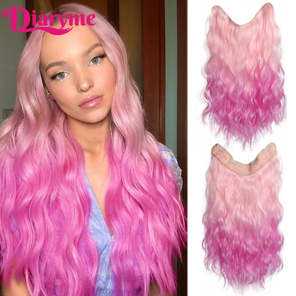 

Rainbow Colorful Wig Hairpiece Long Wave Synthetic V-shaped Clip in Hair Extensions Curly Pink Ombre Thick Hairpieces For Women