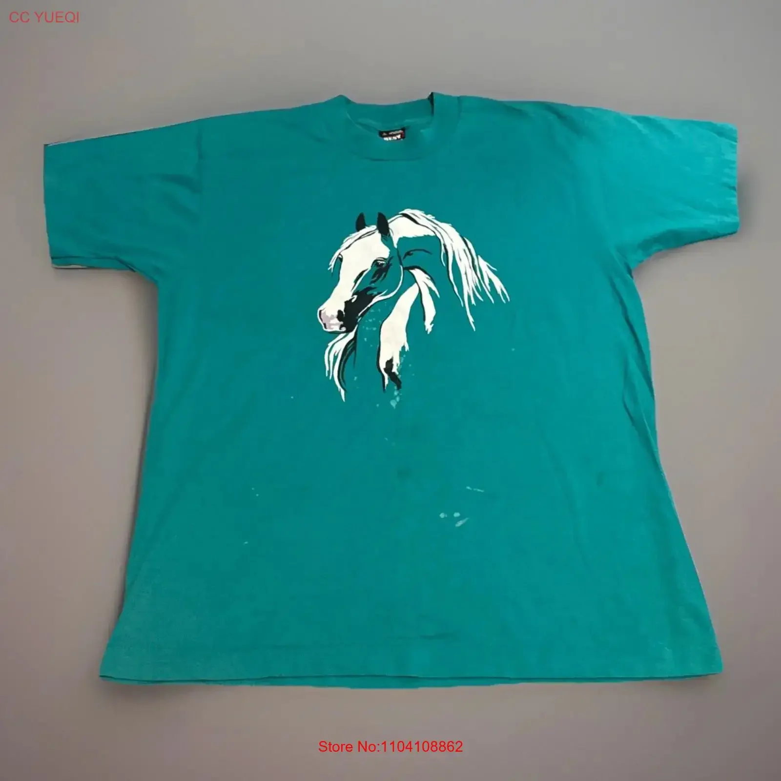 Vintage 90s Horse Sketch Outline Art Drawing Geometric Teal Blue T Shirt Large vintage Washed Breathable Slightly fashion