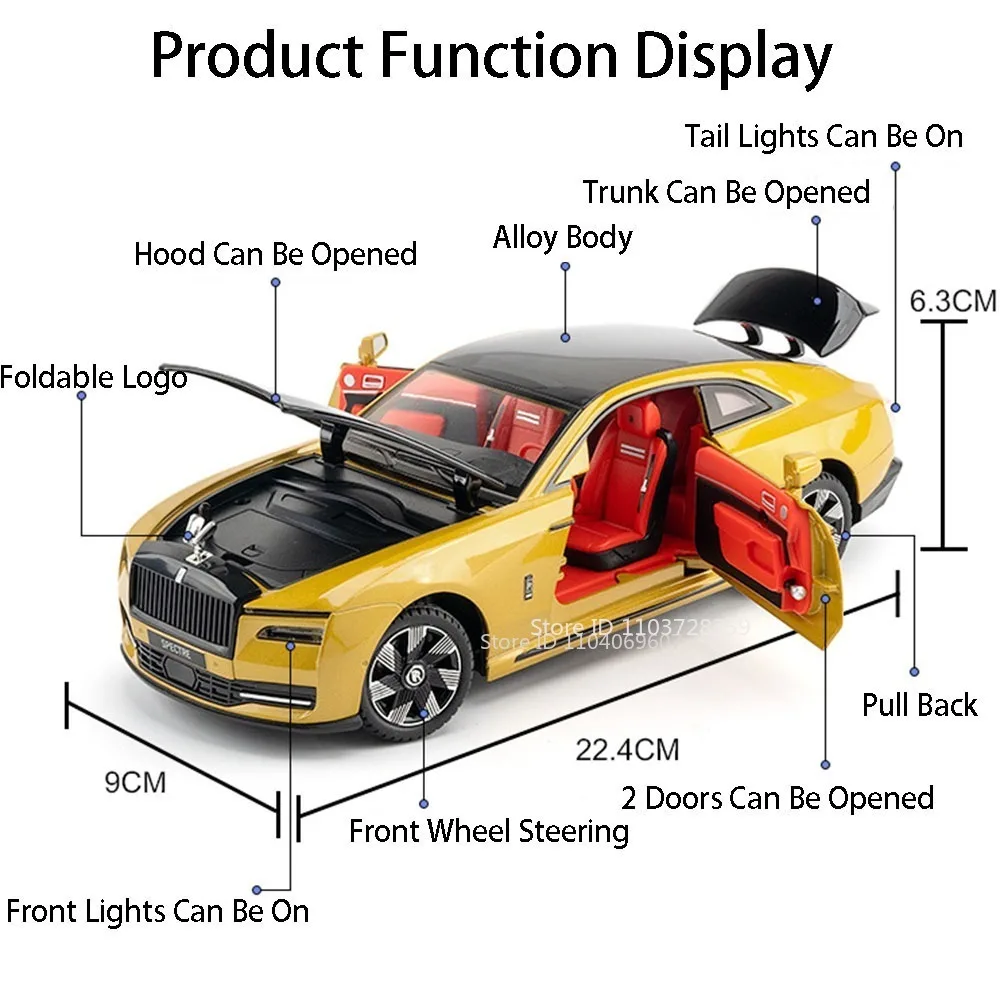 1:24 Rolls-royce Spectre Dawn Model Car Toys Alloy Diecast Sound Light Shock Absorption Doors Opened Ornament Vehicle Models