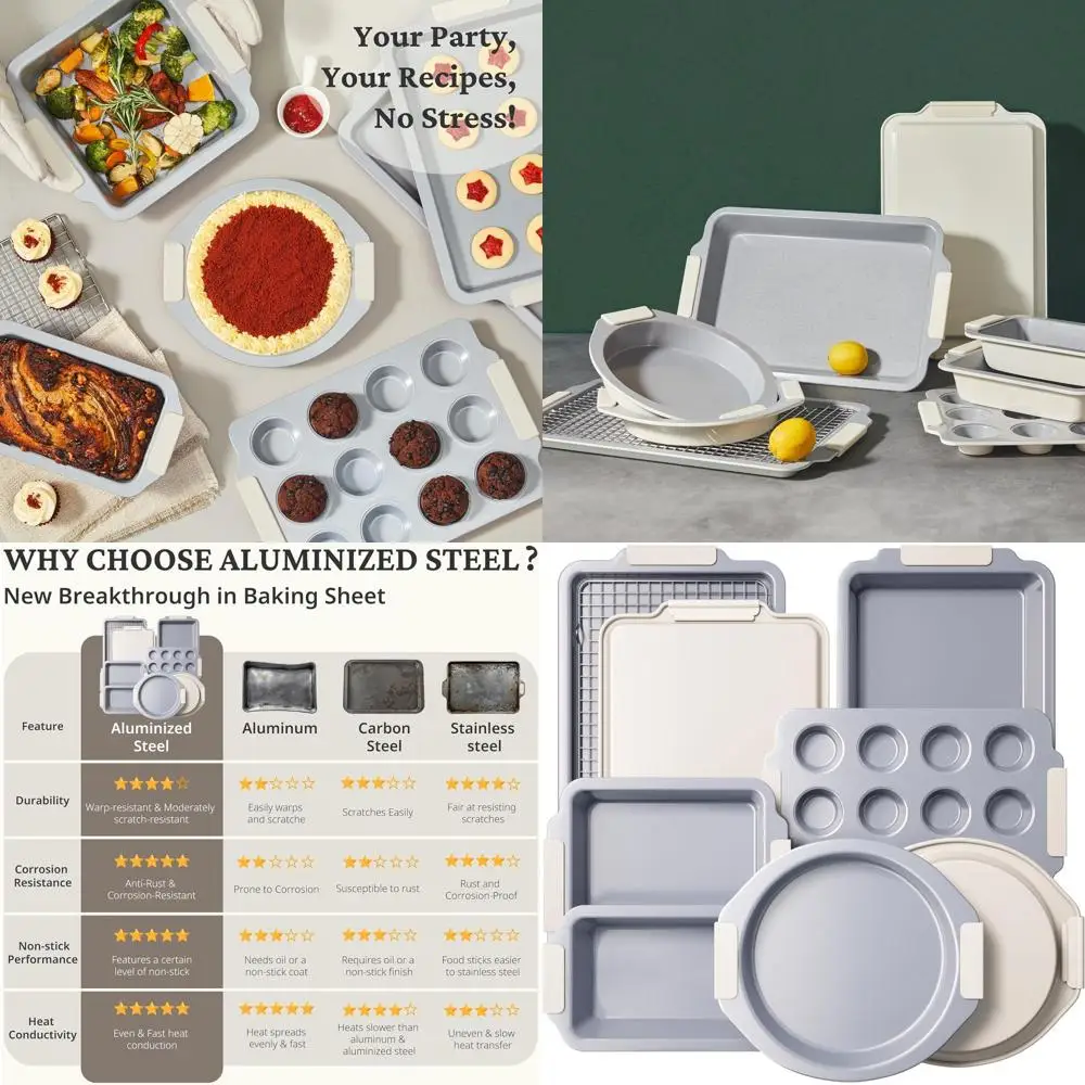 

Набор керамических форм для выпечки с антипригарным покрытием из 9 предметов, прочная сталь и силиконовые ручки: в комплект входят простыни, буханки, кексы и формы для тортов —