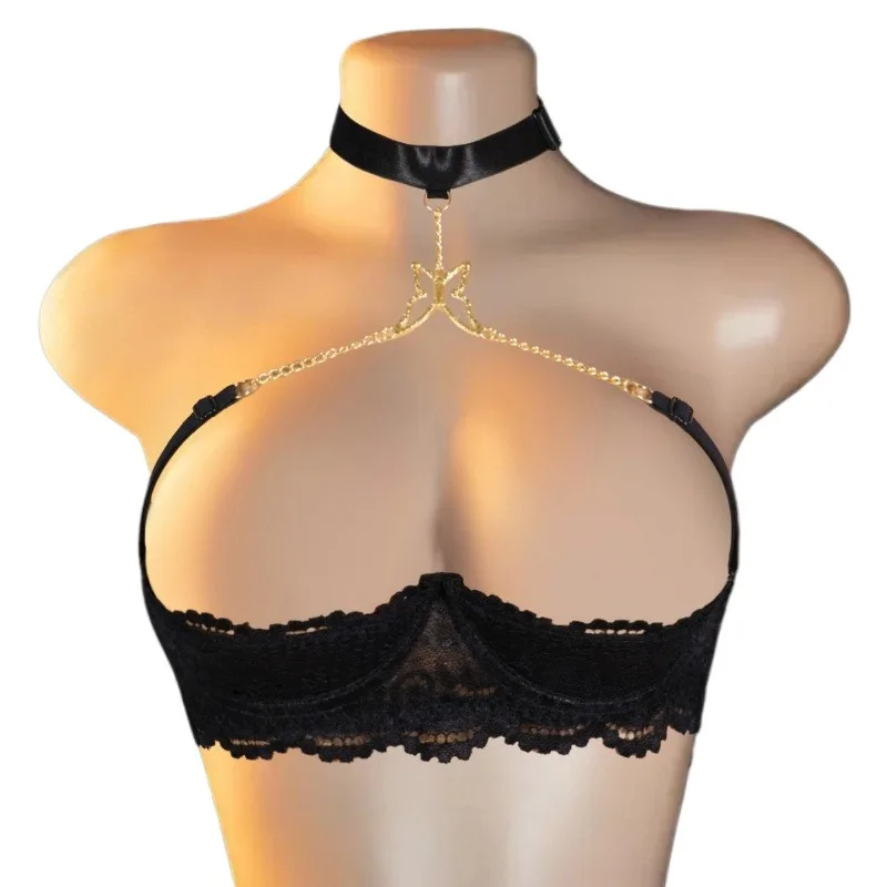 

Sexy Lingerie 1/4 Cup Push Up Unlined Bra Women Open Breast Exposed Underwired Halter Neck O Ring See Through Lace Bra Underwear