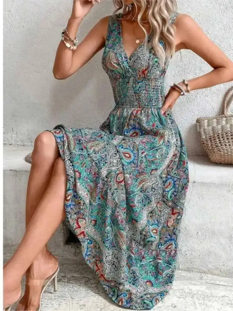 Letnia sukienka boho damska moda bez rękawów z nadrukiem sukienki na imprezę plażową elegancka codzienna sukienka wakacyjna damska sukienka damska robe femme M9MW