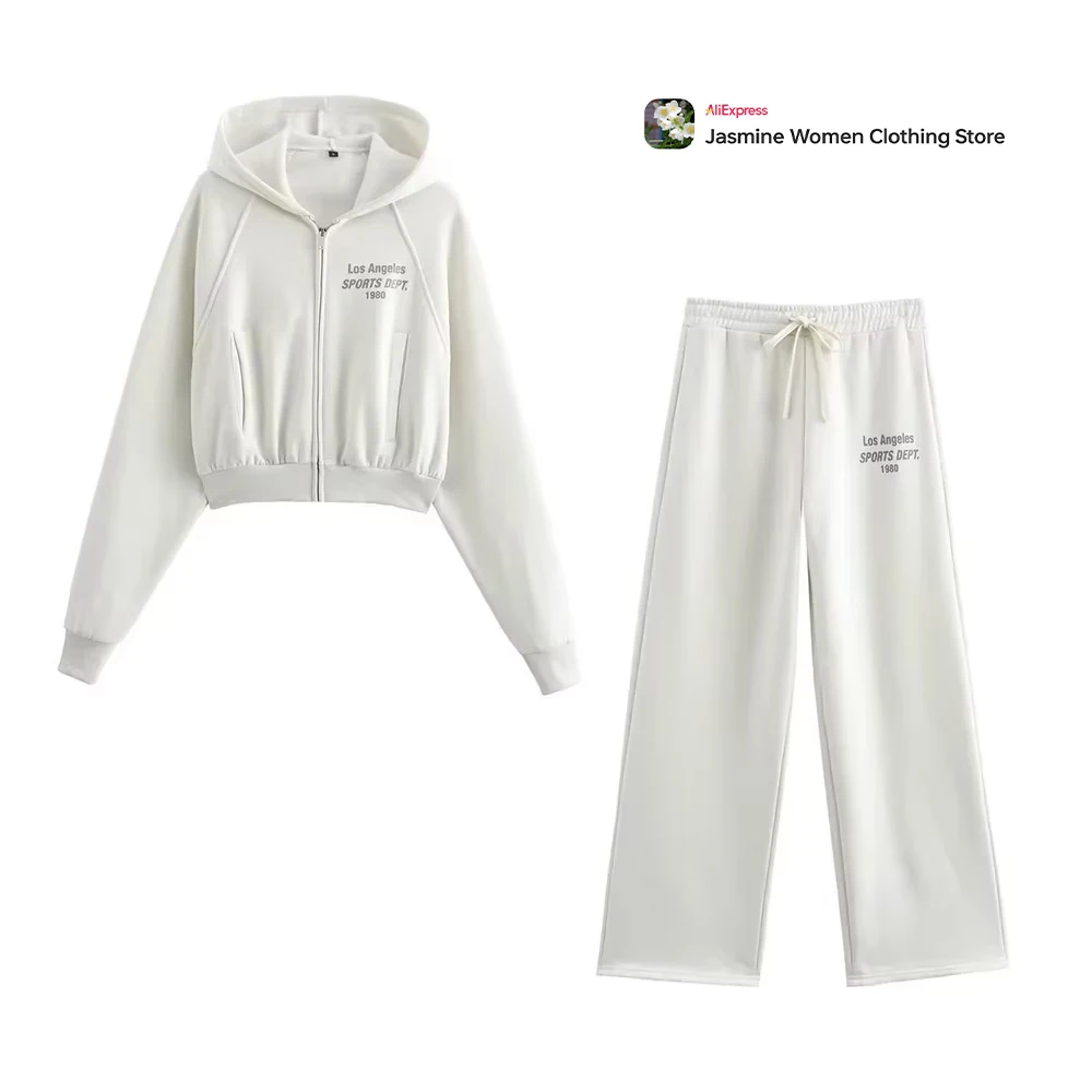 Fashion Adjustable Drawstring Hood Sports Set Cropped Slogan Print Hoodie Match Washed-effect Jogging Pants Women's Elegant Sets