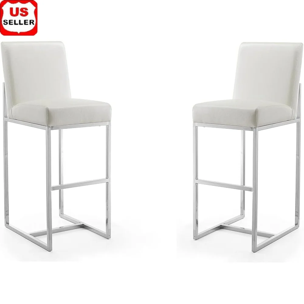 

Modern Faux Leather Bar Stools Set of 2 Foam Padded Seat Stainless Steel Base Footrest No Assembly Required Kitchen Furniture