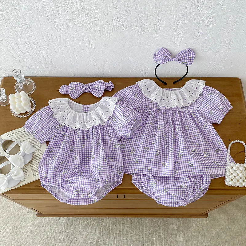 

Summer 2024 Baby Girls 2PCS Clothes Set Plaid Lace Collar Short Sleeve T-shirts Pp Muslin Shors Suit Toddler Girls Outfits