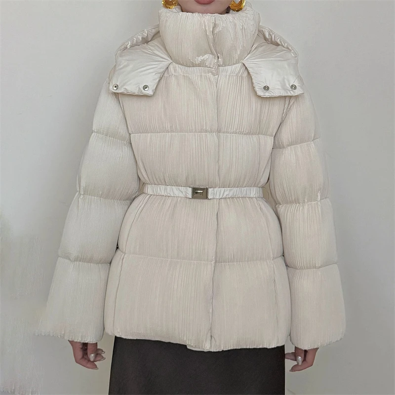 

2025 зимняя новая женская облегающая толстая теплая пуховая куртка с завязками на талии y2k, модная повседневная короткая куртка с капюшоном высокого качества