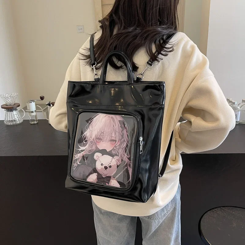 Students Cartoon Transparent Itabag Large Capacity Handbags Versatile Crossbody Shoulder Bag Black Backpack Schoolbag