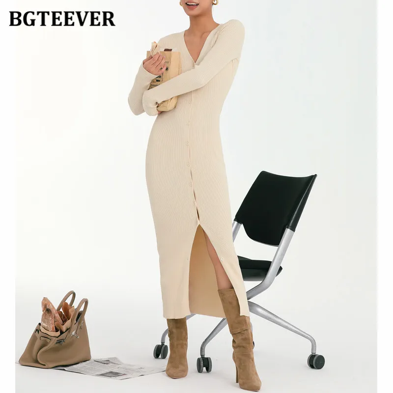 

BGTEEVER Autumn Winter V-neck Split Knitted Bodycon Dress Women Elegant Long Sleeve Female Sweaters Dress vestidos