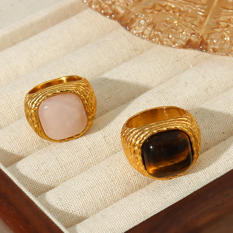 

Nivora 316L Stainless Steel Tiger's Eye Stone Rings For Women Square Pink Color Natural Stone Women Rings Waterproof Jewelry