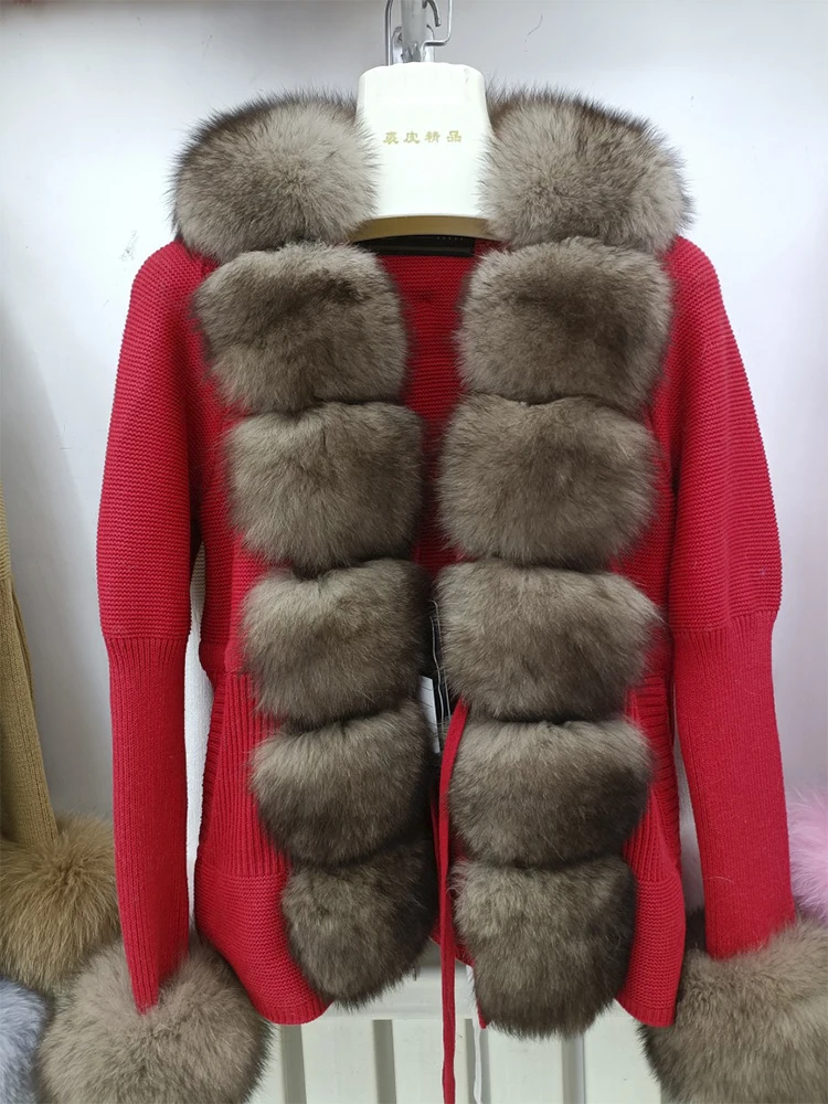 Women's Knitted Cardigans Sweater with Natural Fox Fur Trim Lady Knitwear Crop Cardigan Real Fox Fur Coat Raccoon Fur Overcoat