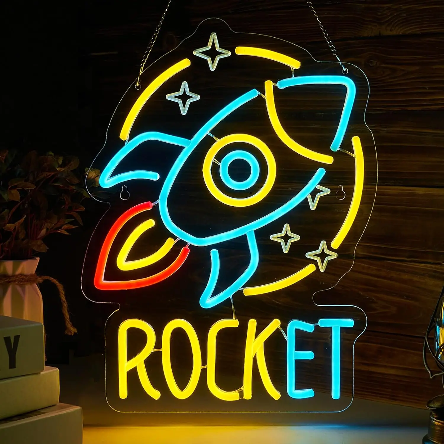 ロケットネオンサイン-ledウォールアート-usb電源-アクリル製-宇宙船-グローランプ-星柄-子供部屋-ゲームルーム-誕生日パーティー装飾