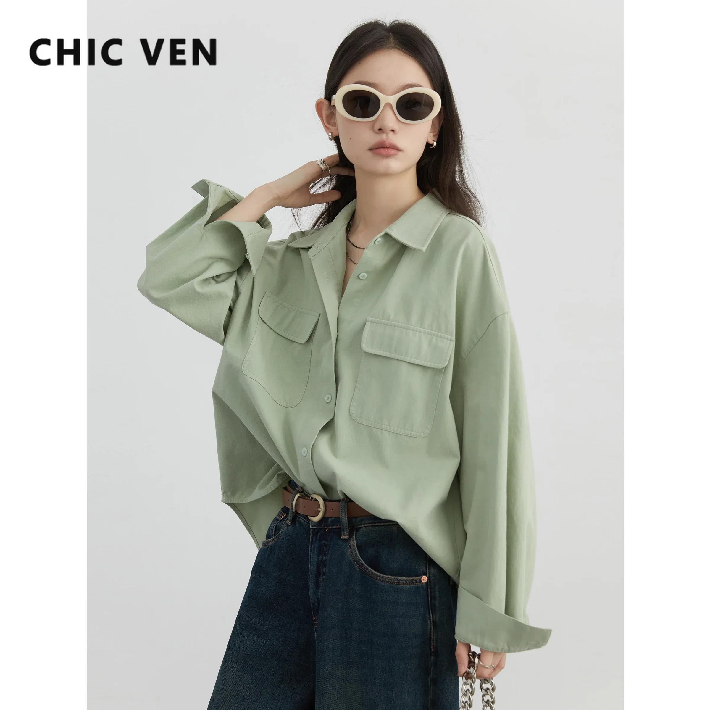 CHIC VEN Women Shirts Loose Solid Casual Long Sleeve Cotton Sanded Blouses Female Top Green Shirt Spring Autumn 2024