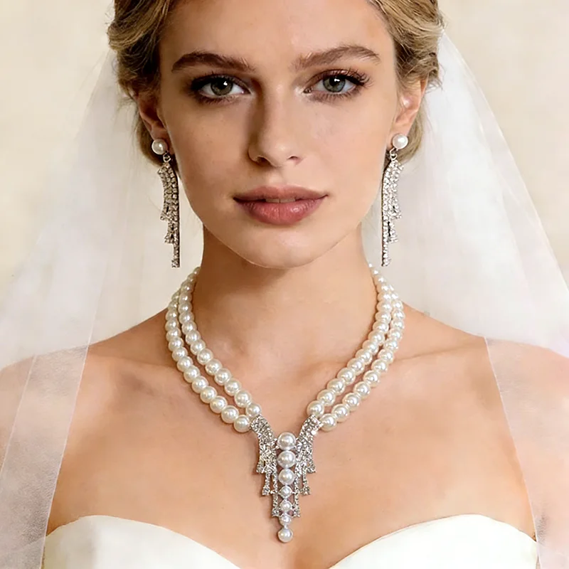 

Набор из 3 предметов: двухслойные стеклянные колье-чокеры с имитацией жемчуга, геометрические серьги с кисточками и стразами для невесты, свадебная коллекция, комплект А