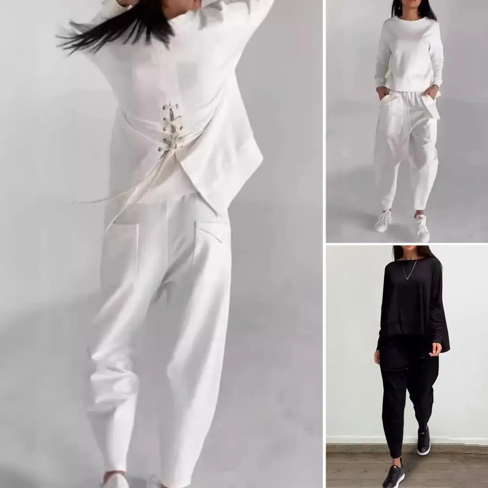 

Loose Trousers Set Stylish Women's Top Pants Set with Long Sleeves O Neck T-shirt Elastic Waist Ankle-banded Trousers Big for Ol