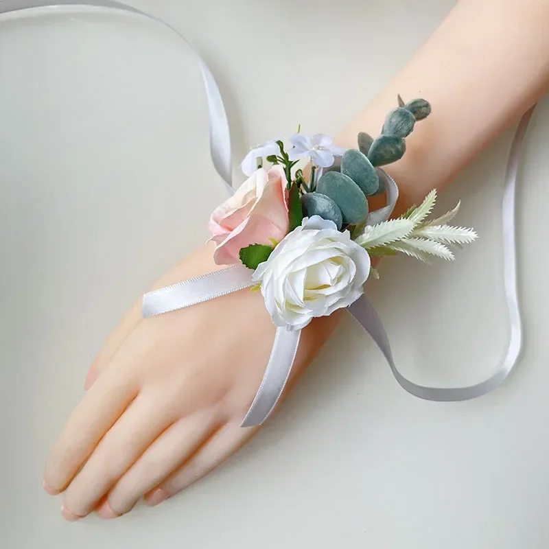 Ramillete para novio, accesorios de boda, broche hecho a mano, rosas de seda, pulsera falsa, ojal para damas de honor, flores, decoración para graduación