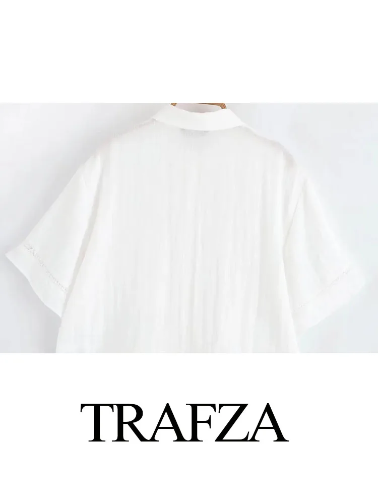 

TRAFZA Women Fashion Solid 2-Piece Pant Set Short Sleeve Single-Breasted Pocket Turn-Down Collar Top+Elastic Waist Wide-Leg Pant
