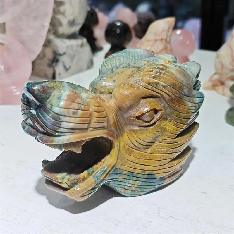 Natural Ocean Jasper Wolf Head Carving Statue Crafts Animal Polished Healing Figurine Home Ornament Gift 1PCS