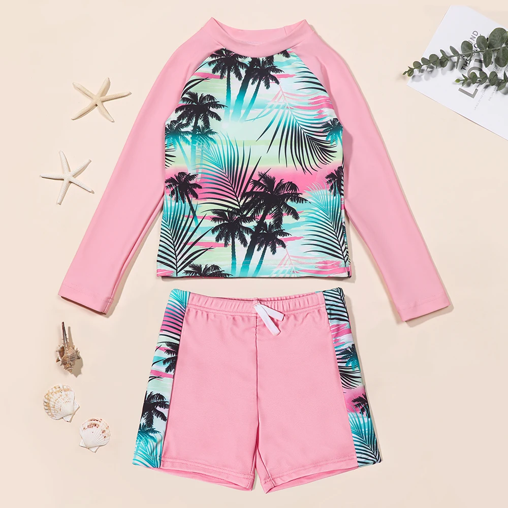 Girls Two Piece Swimwear Long Sleeve Rash Guard Shirts Quick-Dry Bathing Suit Summer Beach Wear