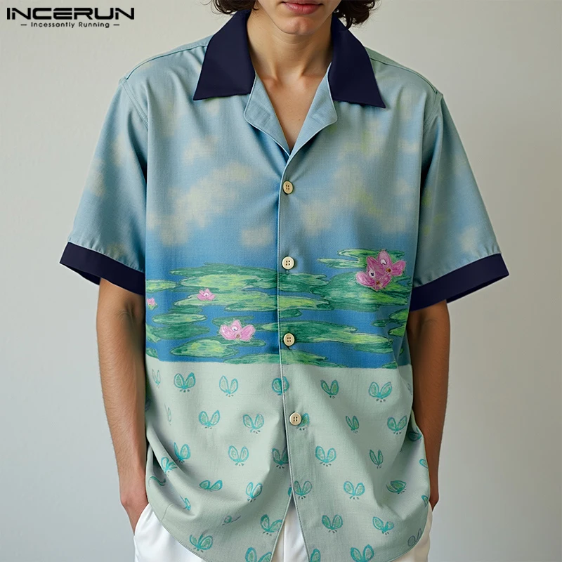 

INCERUN Men Shirt Printing Patchwork Lapel Short Sleeve Male Shirts Tops Summer Streetwear Loose Vacation Casual Men Clothing