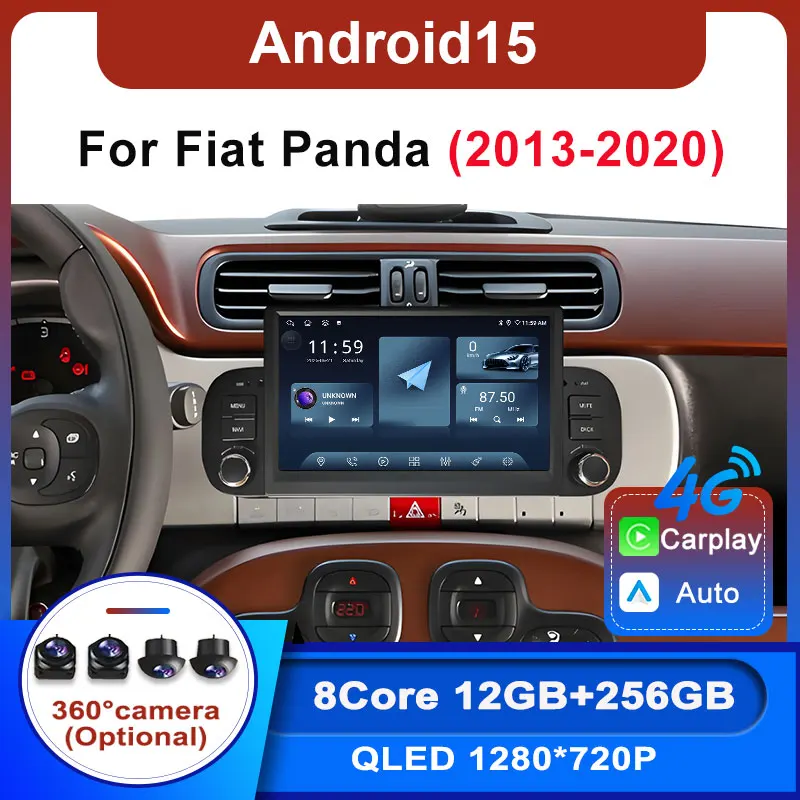 Car Radio 7''Android 15 Stereo Multimedia BT Player Carplay+Auto Video GPS Navigation WIFI for Fiat Panda 2013-2020 Split Screen