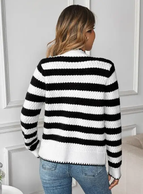 

Black and White Striped Long Sleeved Sweater Jacket for Women's 2025 Autumn and Winter New Fashion Versatile Knitted Cardigan
