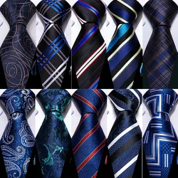 Barry.Wang Blue Men Silk Tie Handkerchief Cufflinks Sets Formal Plaid Woven Suit Necktie For Male Business Party Designer 5441