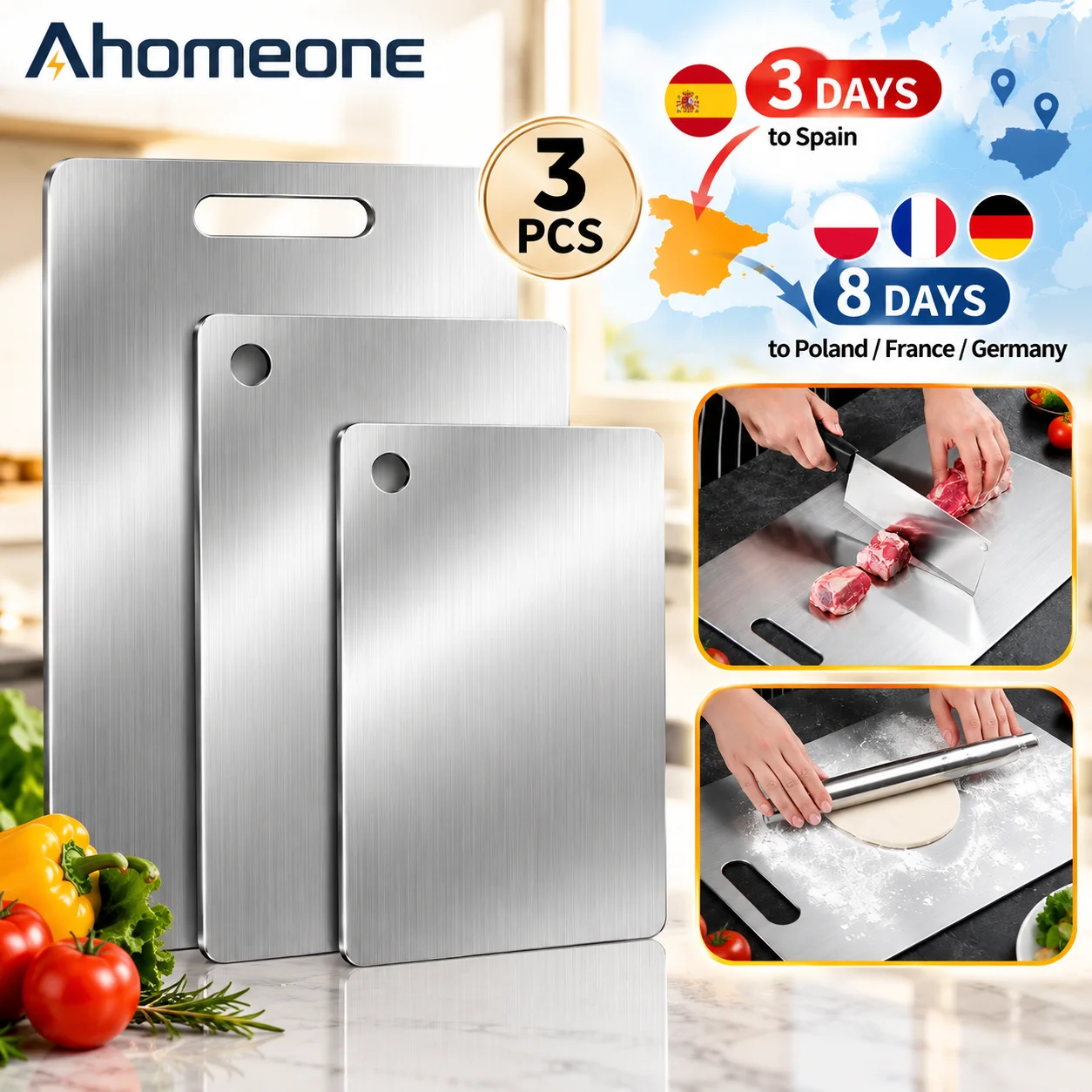 Set da 3 taglieri in acciaio inossidabile 304, taglieri spessi a doppia faccia, adatti all’uso alimentare, ideali per impastare, antiscivolo, resistenti alla ruggine, perfetti per la cucina, per