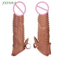 FXINBA 19cm Big Penis Sleeve Extender With Vibration Male Cock Sleeve Spikes Sex Toy For Men Delay Reusable Condom Dick Enlarger