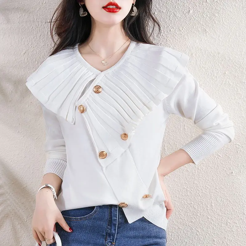 Autumn Winter Women Stylish V Neck Ruffles Design Elegant Chic Knitwear Female Korean Black White Long Sleeve Slim Pullover Tops