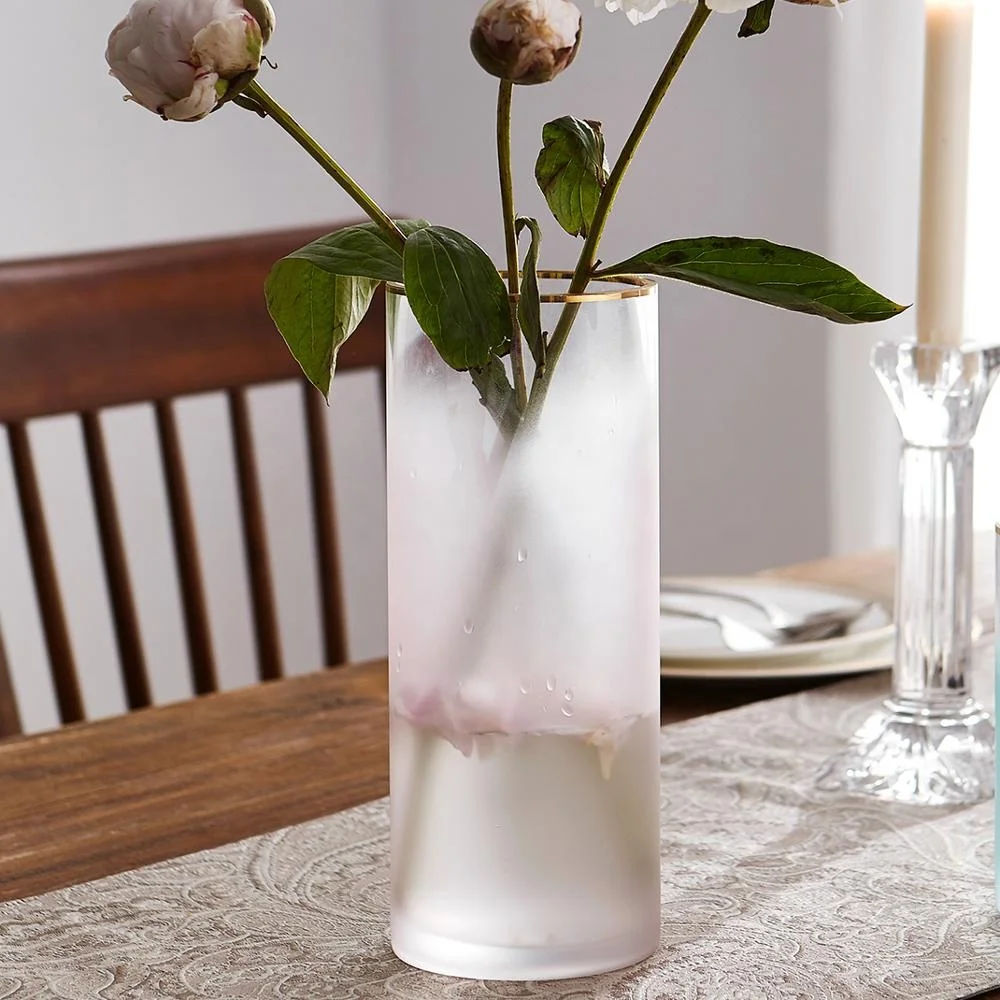 Vases Candleholders Frosted Translucent Cylinder Glass Flower Vases Gold Rim Decor Pink Wedding Table Centerpieces 9.8''H