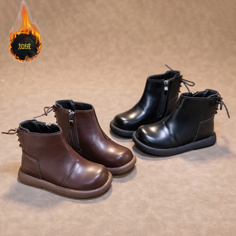 2025 جديد الأطفال أحذية بوت قصيرة أسلوب بسيط بنين بنات حذاء من الجلد الدافئة السببية الاطفال أحذية جلدية أنيقة الجانب سستة الدانتيل يصل #6