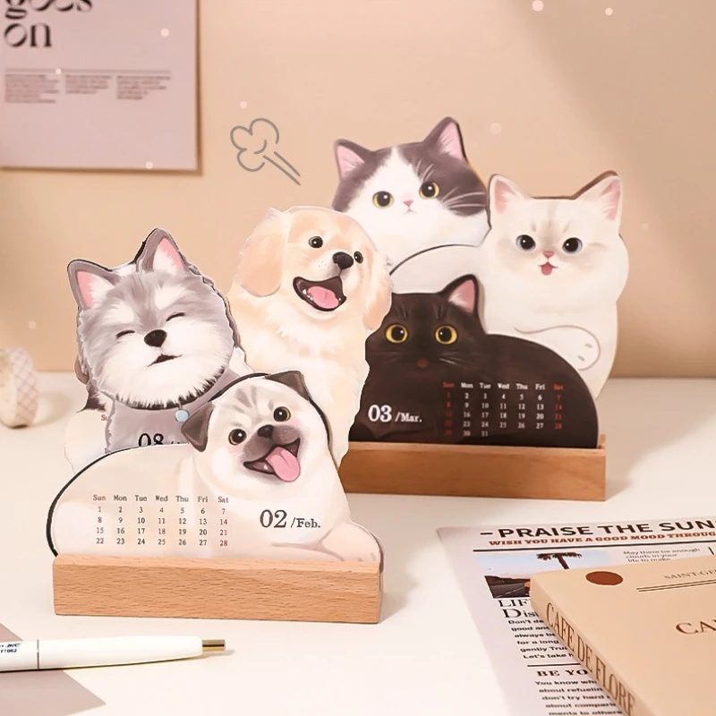 

2026 Cute Cartoon Furry Pet Look-leaf Calendar - Cat & Dog Wooden Base Schedule Desktop Decoration Time Planner Gift for Kids