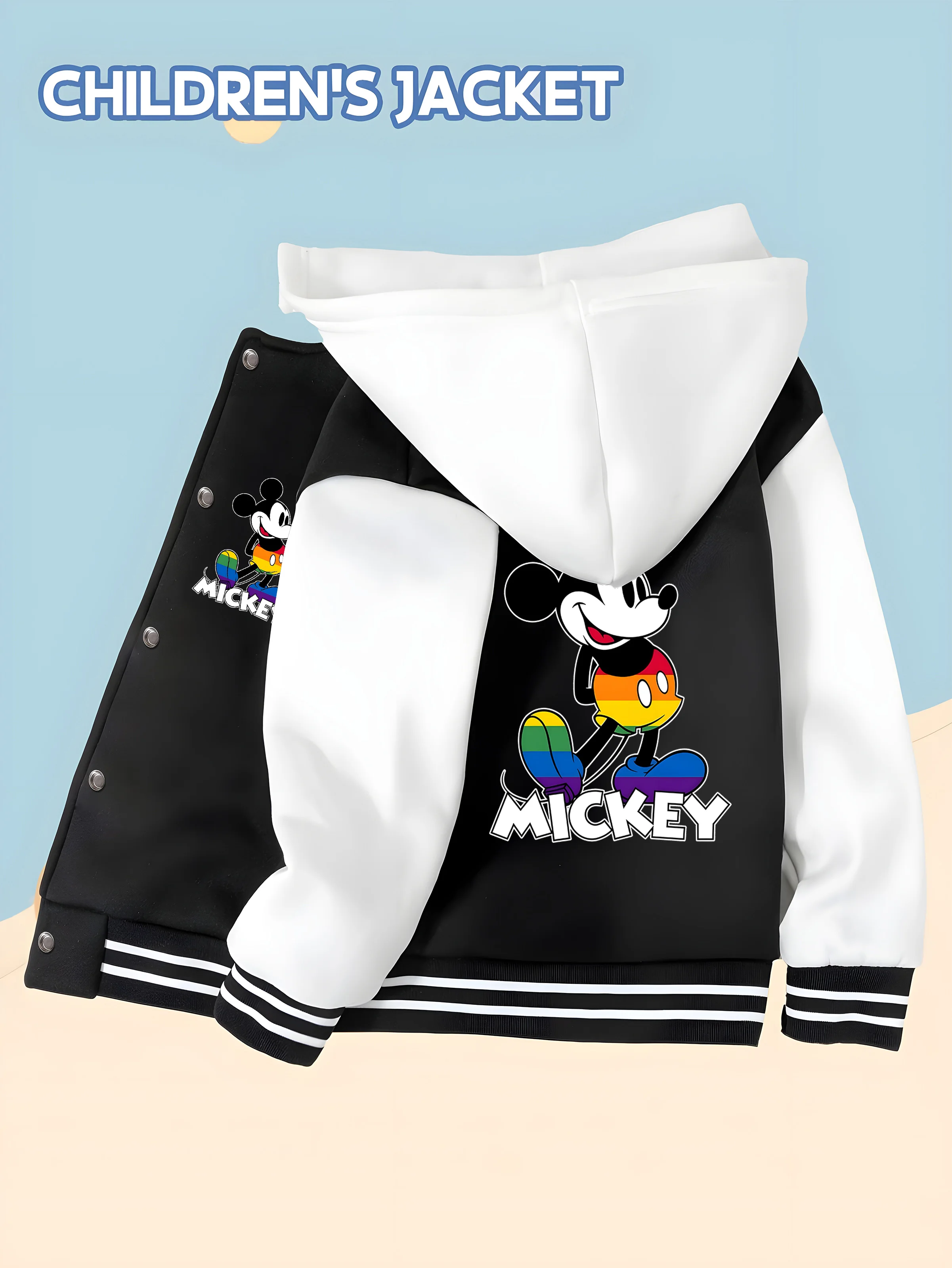 

MINISO Disney Boys' Baseball Jacket - Mickey Rainbow, double-sided Mickey + rainbow, soft and comfortable, versatile