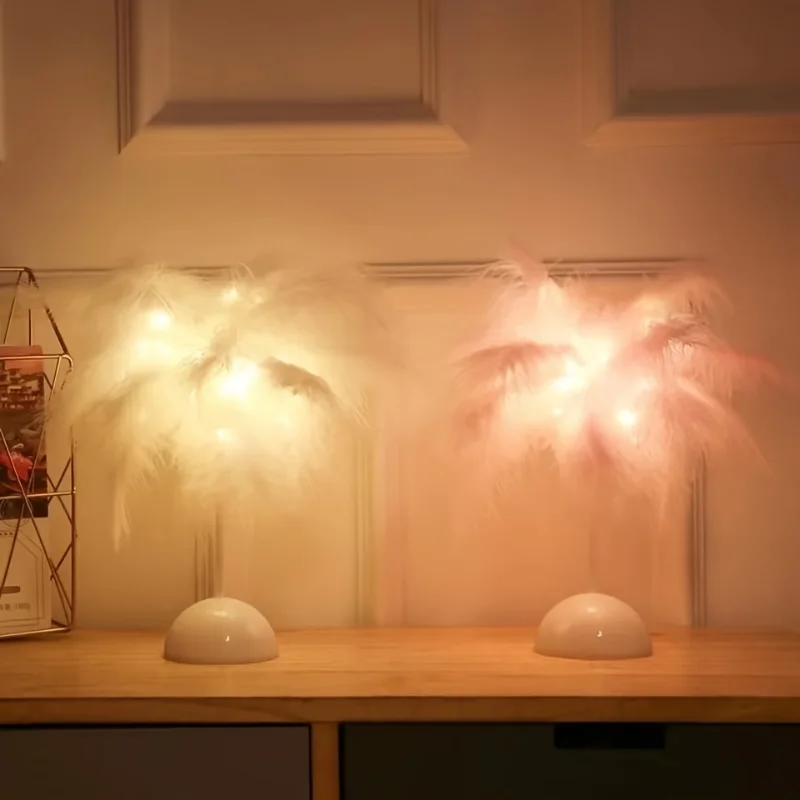 Lampada da tavolo creativa con piume Luce bianca calda Paralume con piume di albero Ragazza LED Luci decorative per matrimoni Regalo di compleanno Decorazioni per la casa