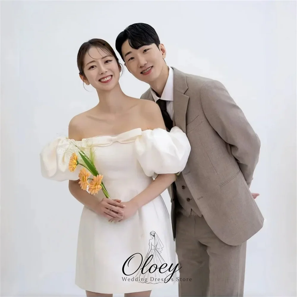 OLOEY Simple Strapless Satin Bow Korea Wedding Dress Photo Shoot Detachable Puff Short Sleeve Mini Bridal Gown Customized