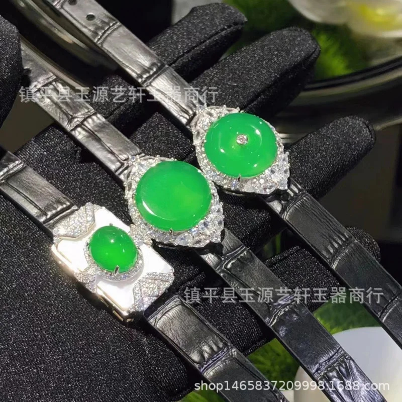 Natural Green Chalcedony Agate Peace Women'S Watch Leather Strap S925 Silver Inlaid Comparable