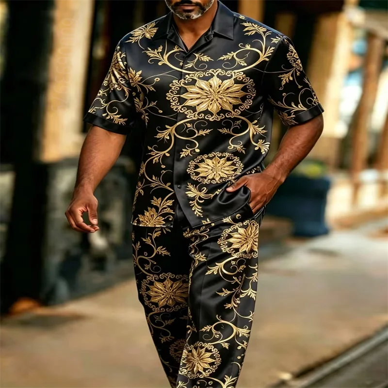 2026 New Men's Black & Gold Print Satin Short-Sleeve Shirt and Trouser Set – Street-Style Resort Wear – Fast Shipping