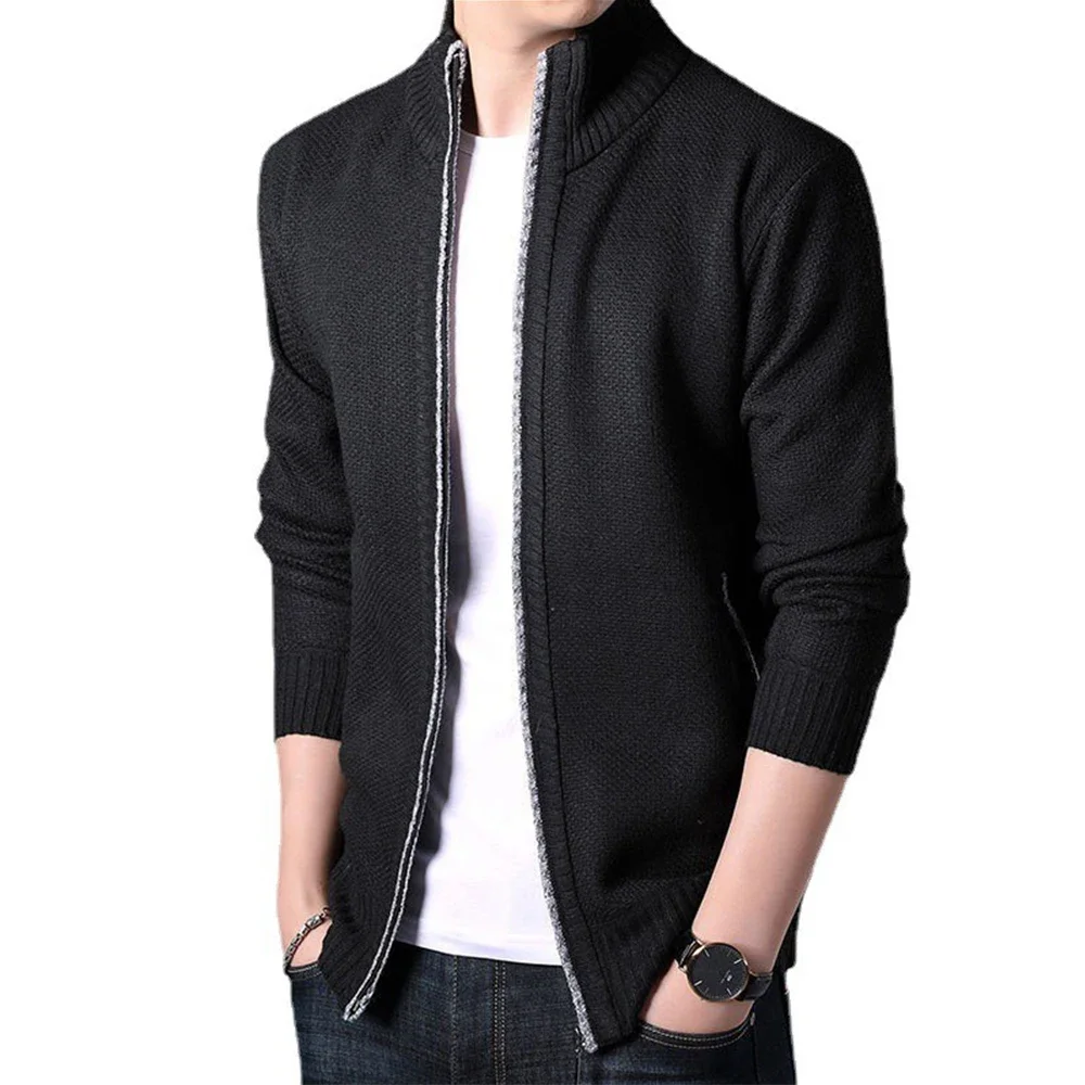 Men\'s Knitted Sweater Winter Thick Coat Long Sleeve Cardigan Stand Collar Fleece Male Zipper Blouse Causal Clothing for Autumn
